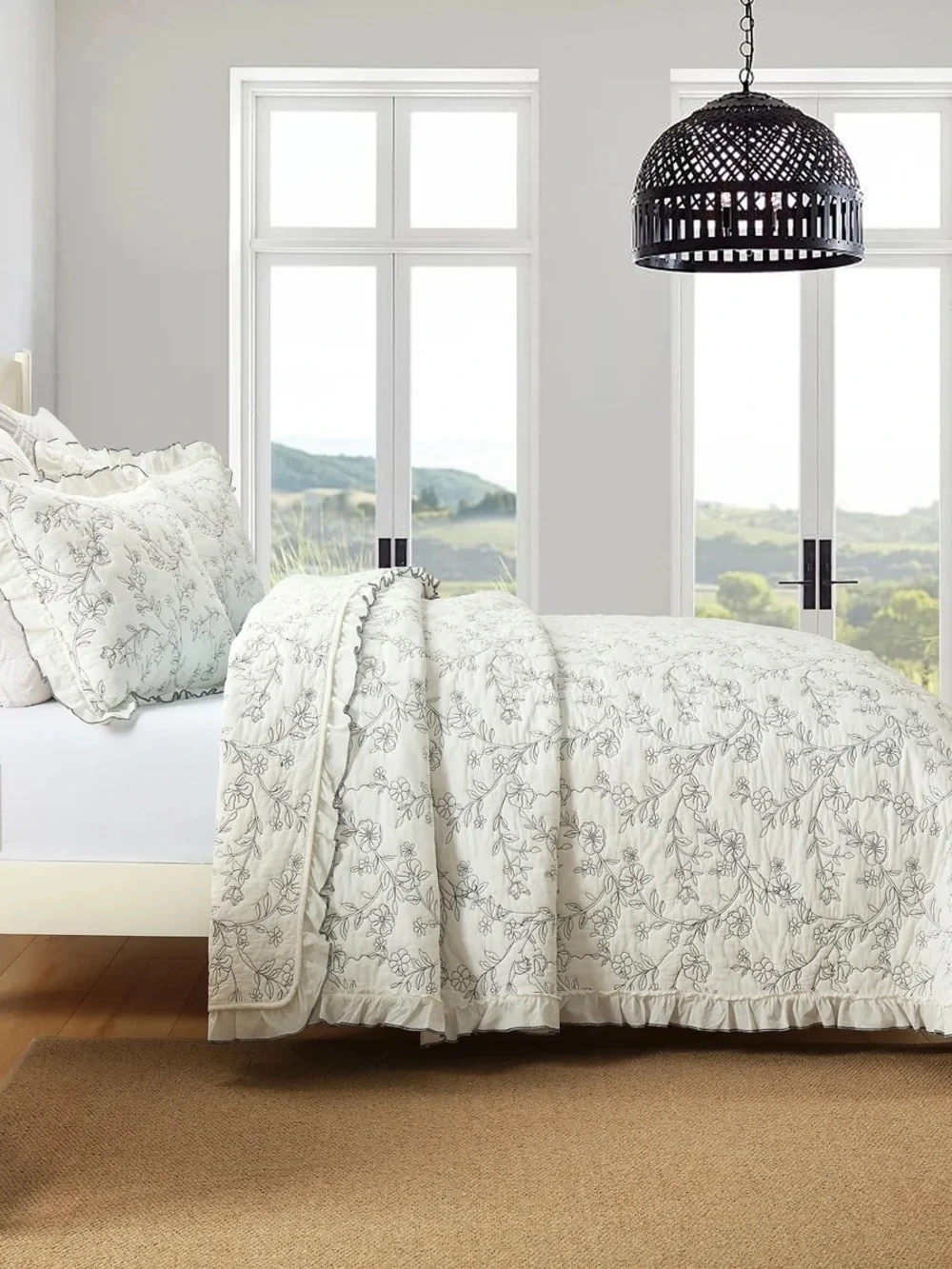 3 PIECE 100% COTTON EMBROIDERED FLORAL RUFFLE LIGHTWEIGHT QUILT BEDSPREAD SET